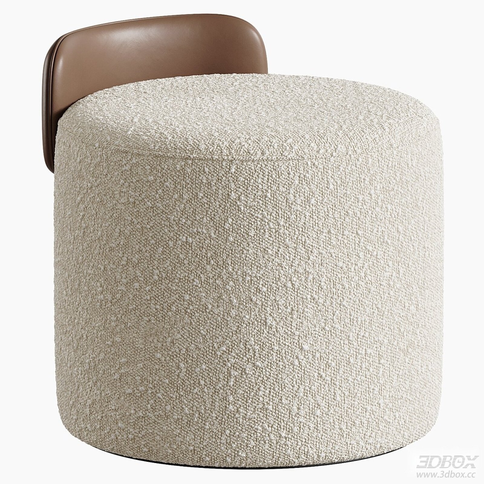 Modern Round Boucle Pouf with Leather Backrest 3D model - front view
