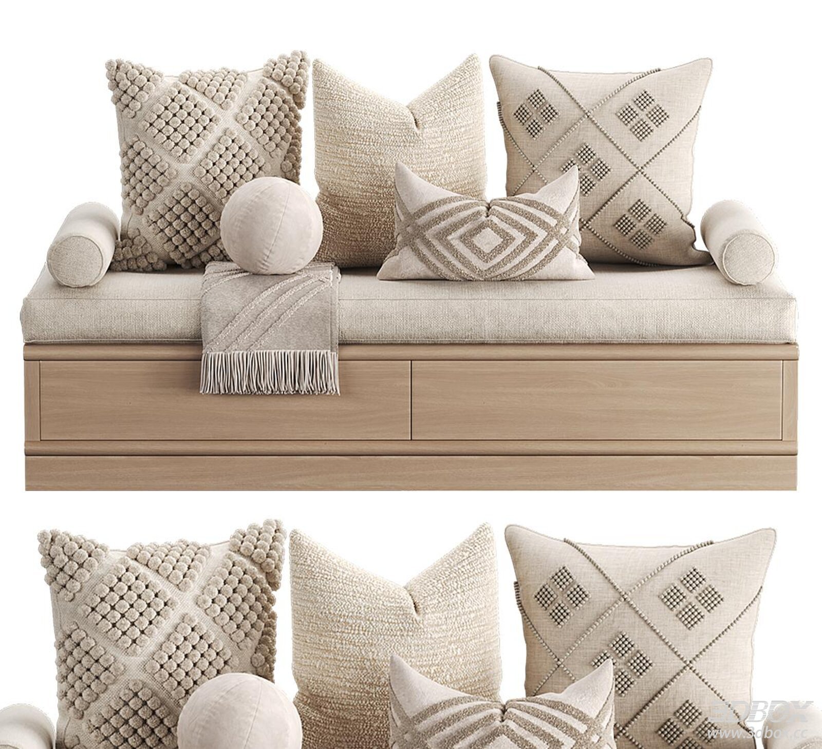Modern Beige Fabric Window Seat Cushion Pillow Set 3D model - front view
