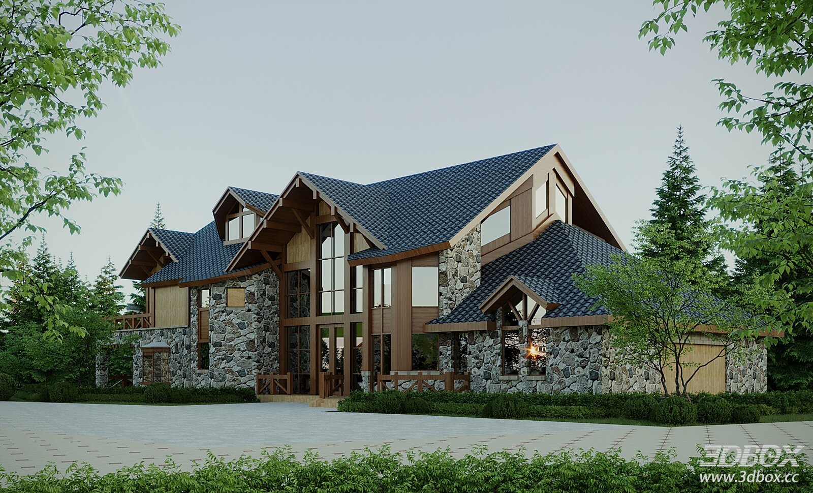 Rustic Chalet Style Villa Exterior Residence Building 3D model - front view
