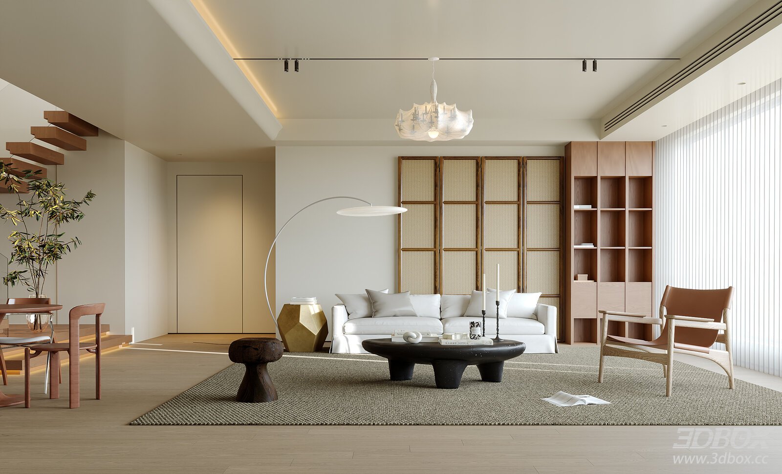 Modern Mid-century Wabi-sabi Living Room Interior Scene 3D model - front view