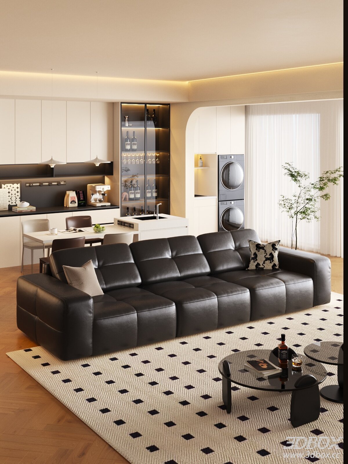 Modern Minimalist Living Room With Leather Sofa And Open Kitchen 3D model - front view
