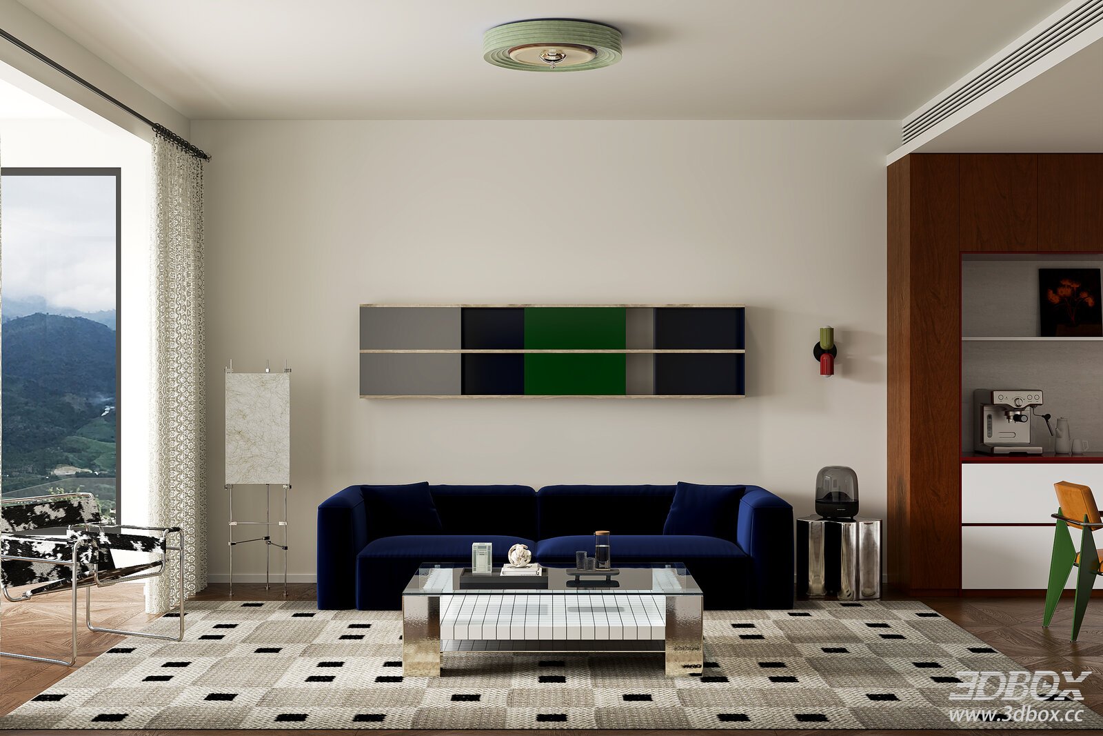 Mid Century Bauhaus Style Living Room Interior 3D model - front view