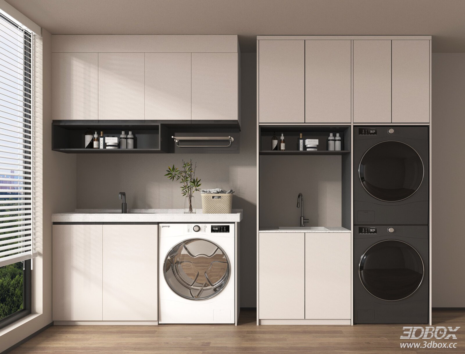 Modern Laundry Cabinet with Washing Machine and Dryer 3D model - front view
