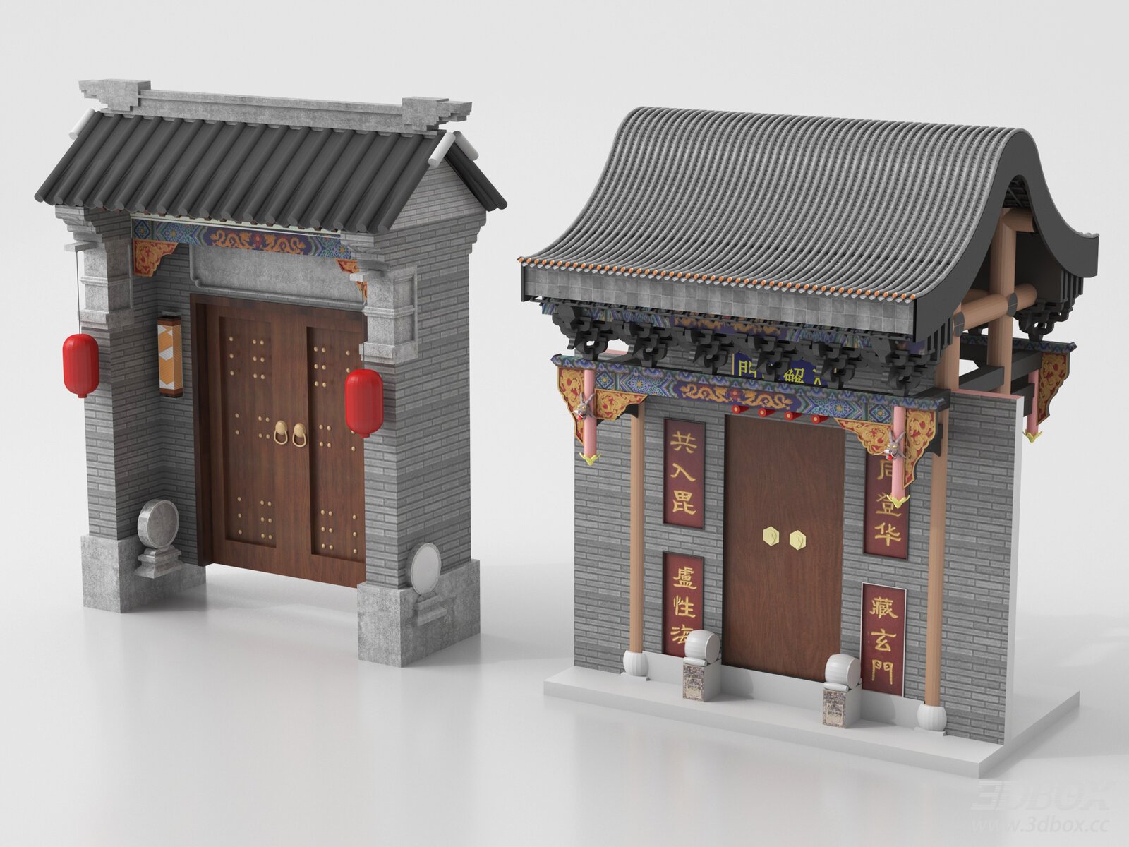 Traditional Chinese Courtyard Gate Ancient Architecture Set 3D model - front view