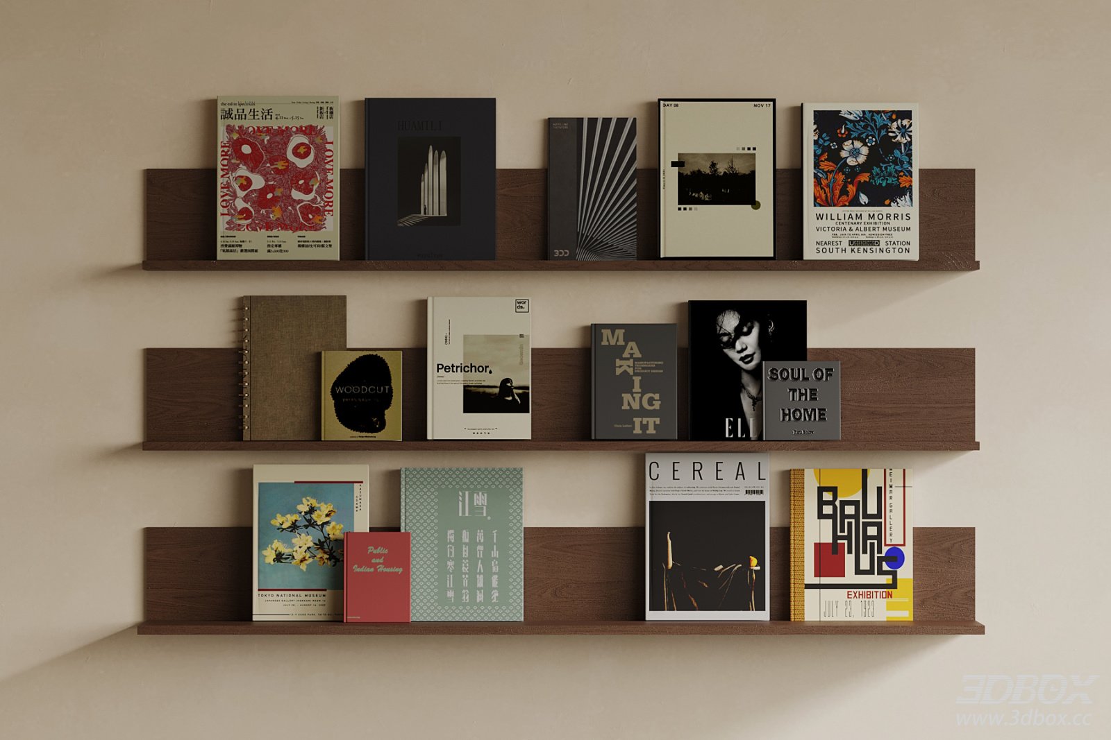 Mid Century Modern Wall Shelf with Decorative Books 3D model - front view