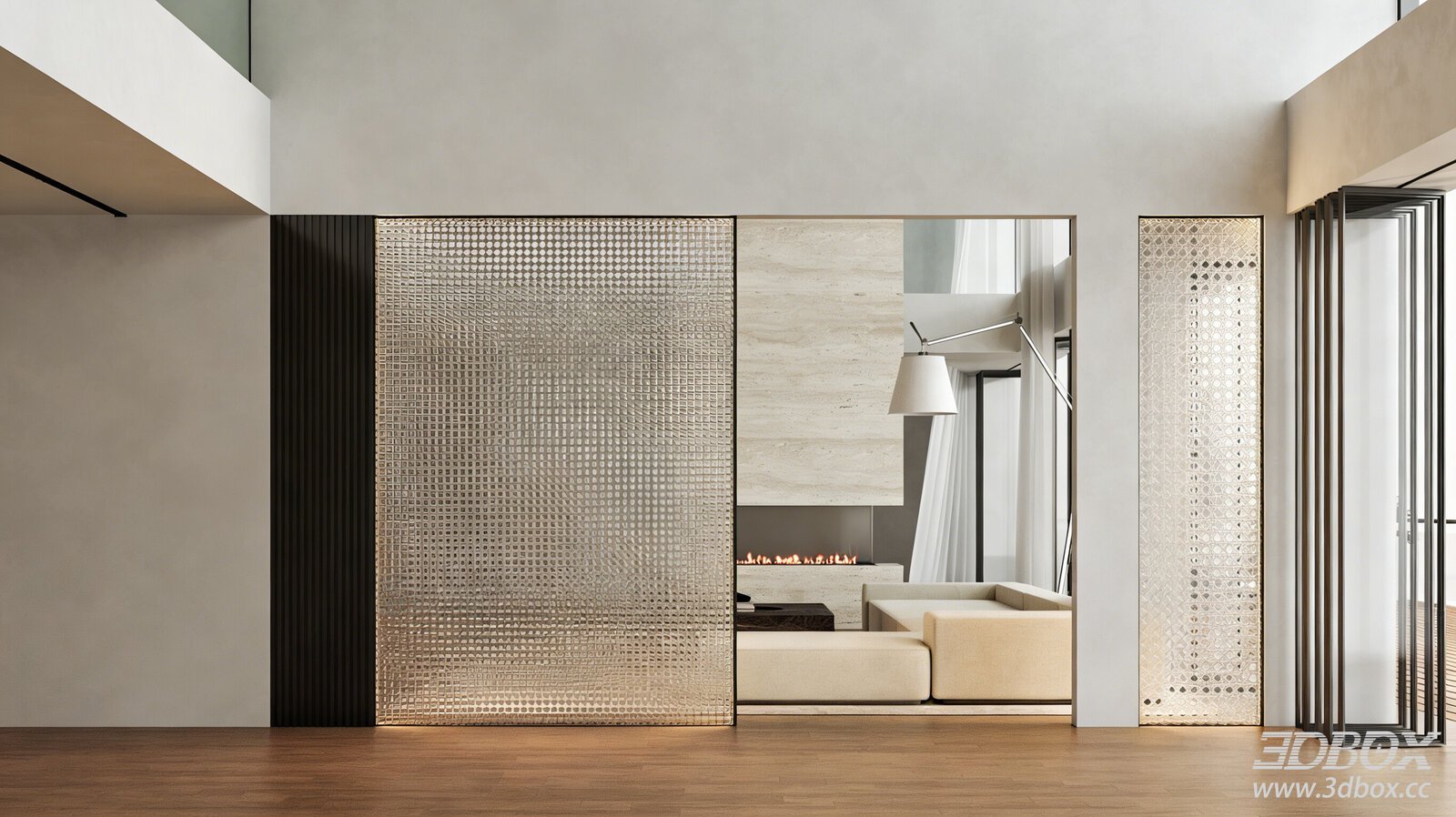 Modern Embossed Art Glass Partition Interior Scene 3D model - front view