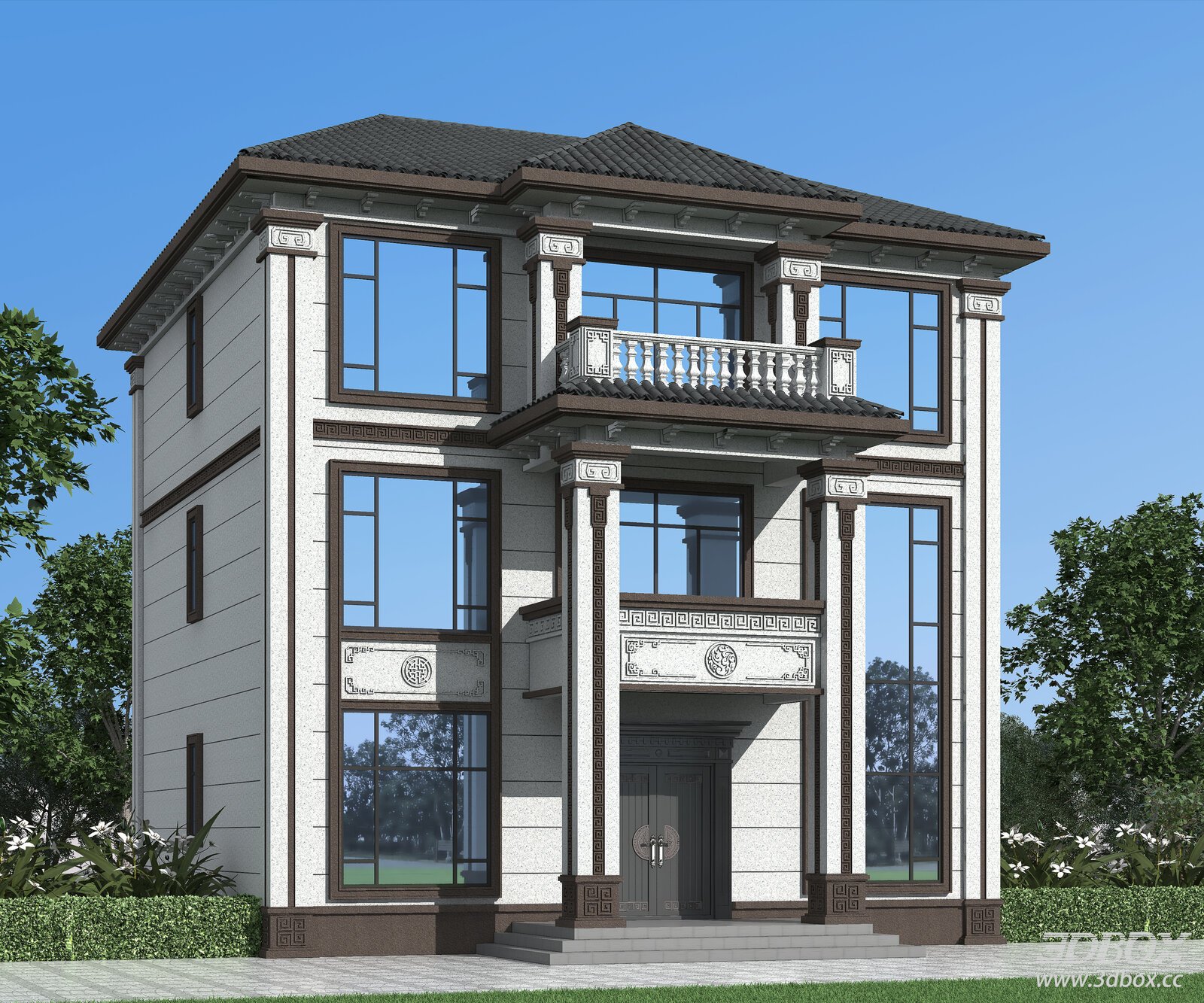 New Chinese Style Three Storey Villa Exterior 3D model - front view