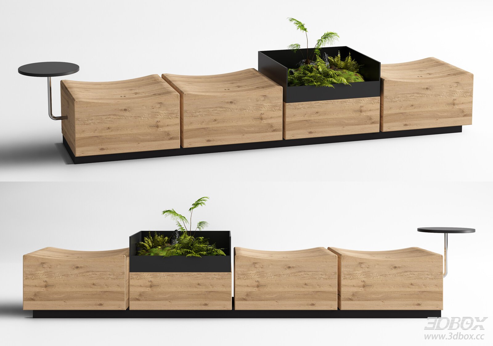 Modular Wooden Public Bench with Planter and Side Table 3D model - front view