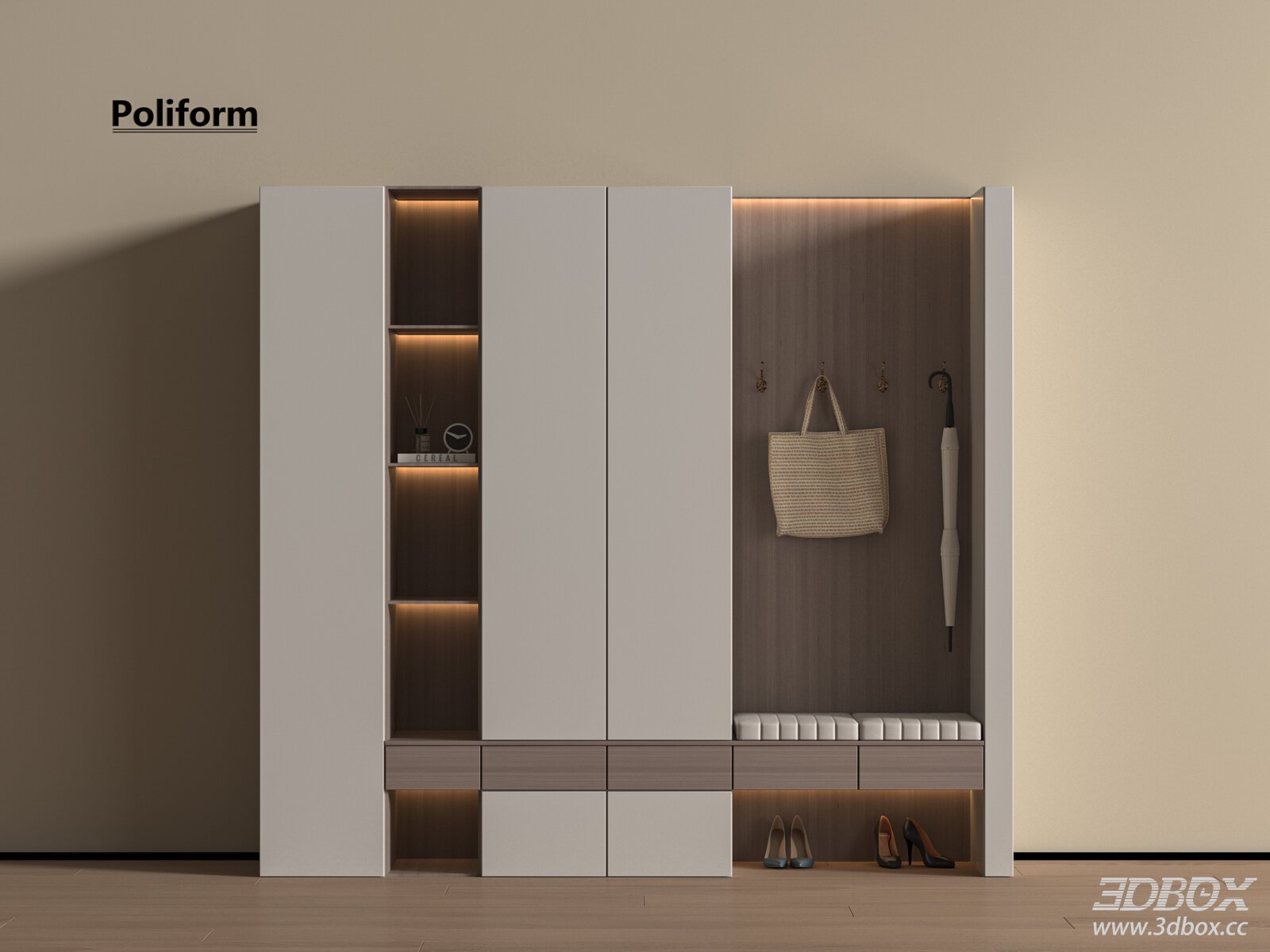 Modern Hallway Shoe Cabinet with LED Lighting and Bench 3D model - front view