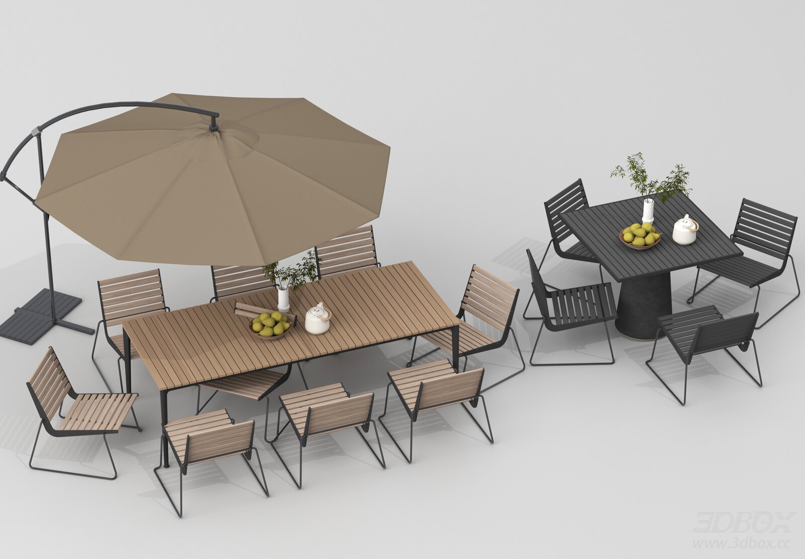 Modern Outdoor Dining Set with Parasol 3D model - front view