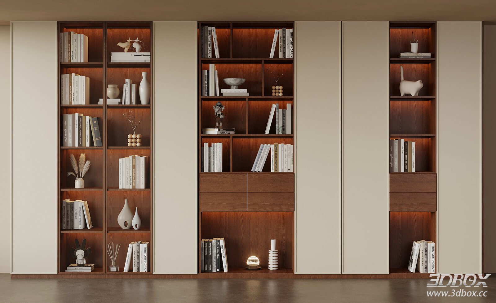 Mid Century Style Built-in Walnut Book Display Cabinet 3D model - front view