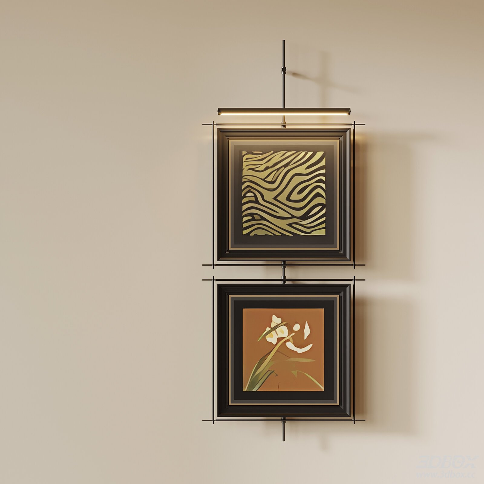 French Vintage Framed Wall Art Set with Wall Lamp 3D model - front view