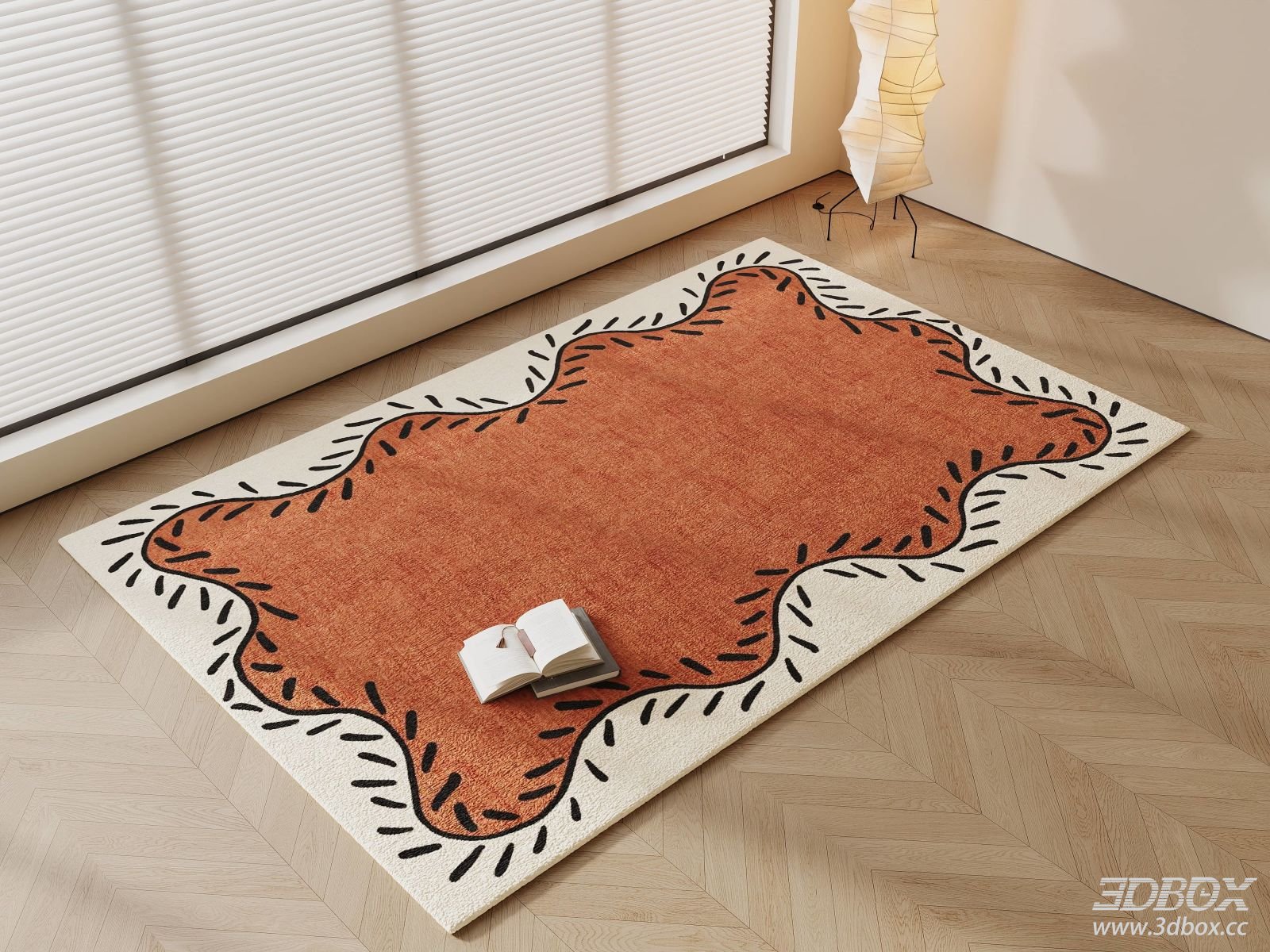 Vintage Mid Century Terracotta Decorative Carpet 3D model - front view