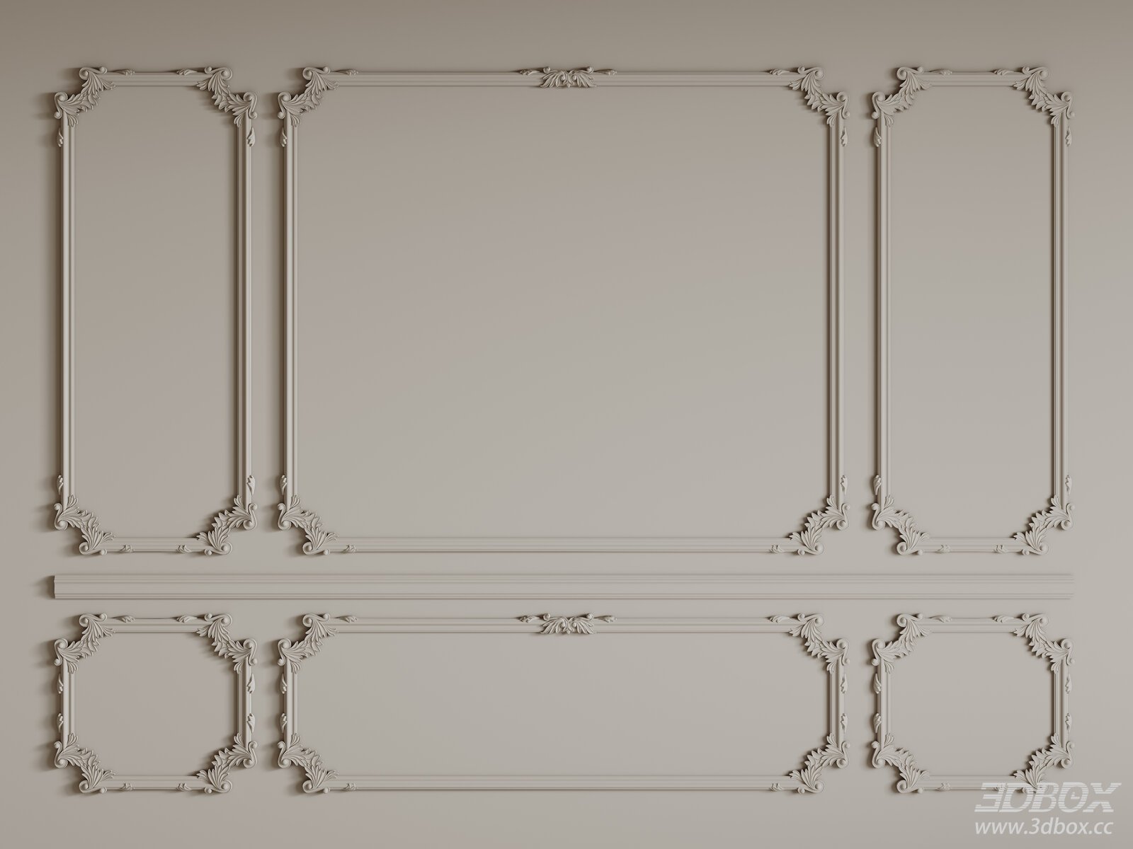 French Style Carved Decorative Plaster Wall Frames Set 3D model - front view