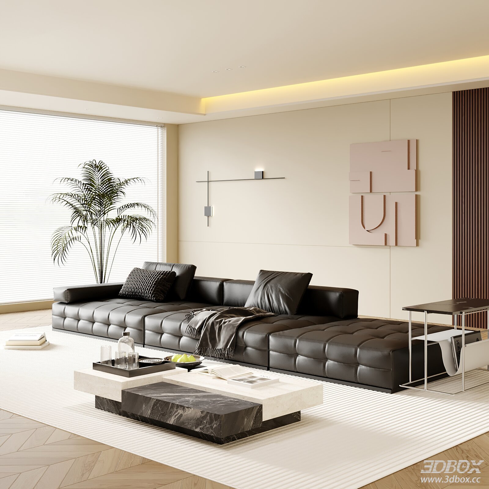 Modern Minimalist Leather Sofa Living Room Interior Scene 3D model - front view