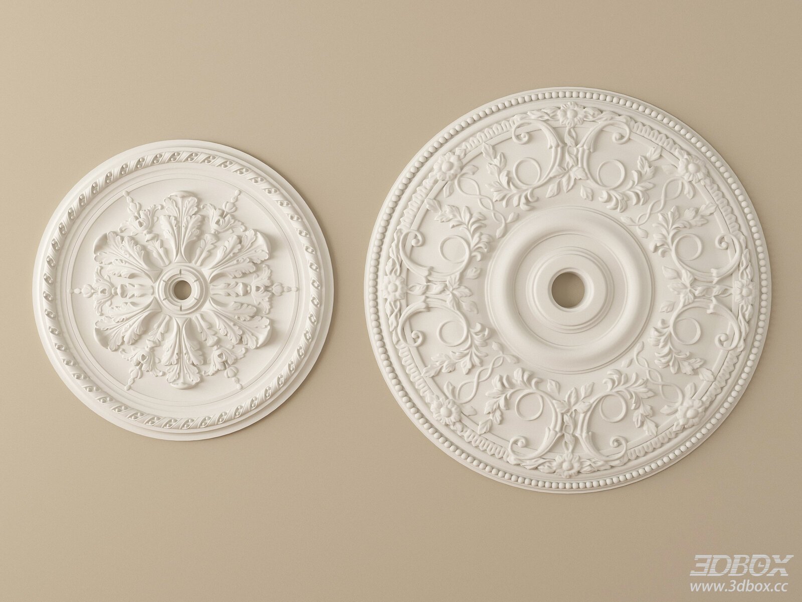 French Style Carved Gypsum Ceiling Medallion Set 3D model - front view