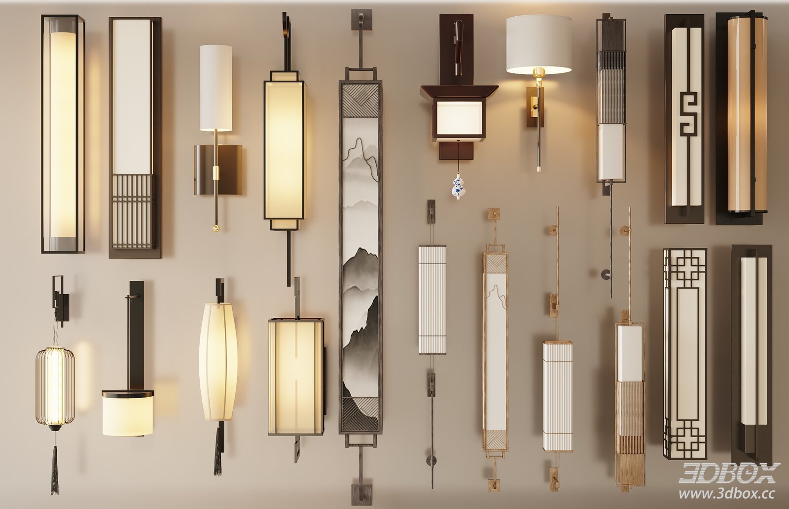 New Chinese Style Wall Lamp Set 3D model - front view