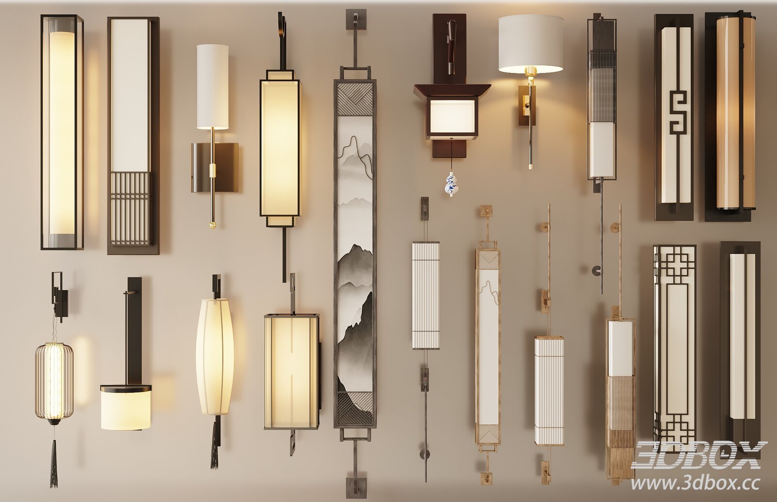 New Chinese Style Wall Lamp Set 3D model - thumbnail 1