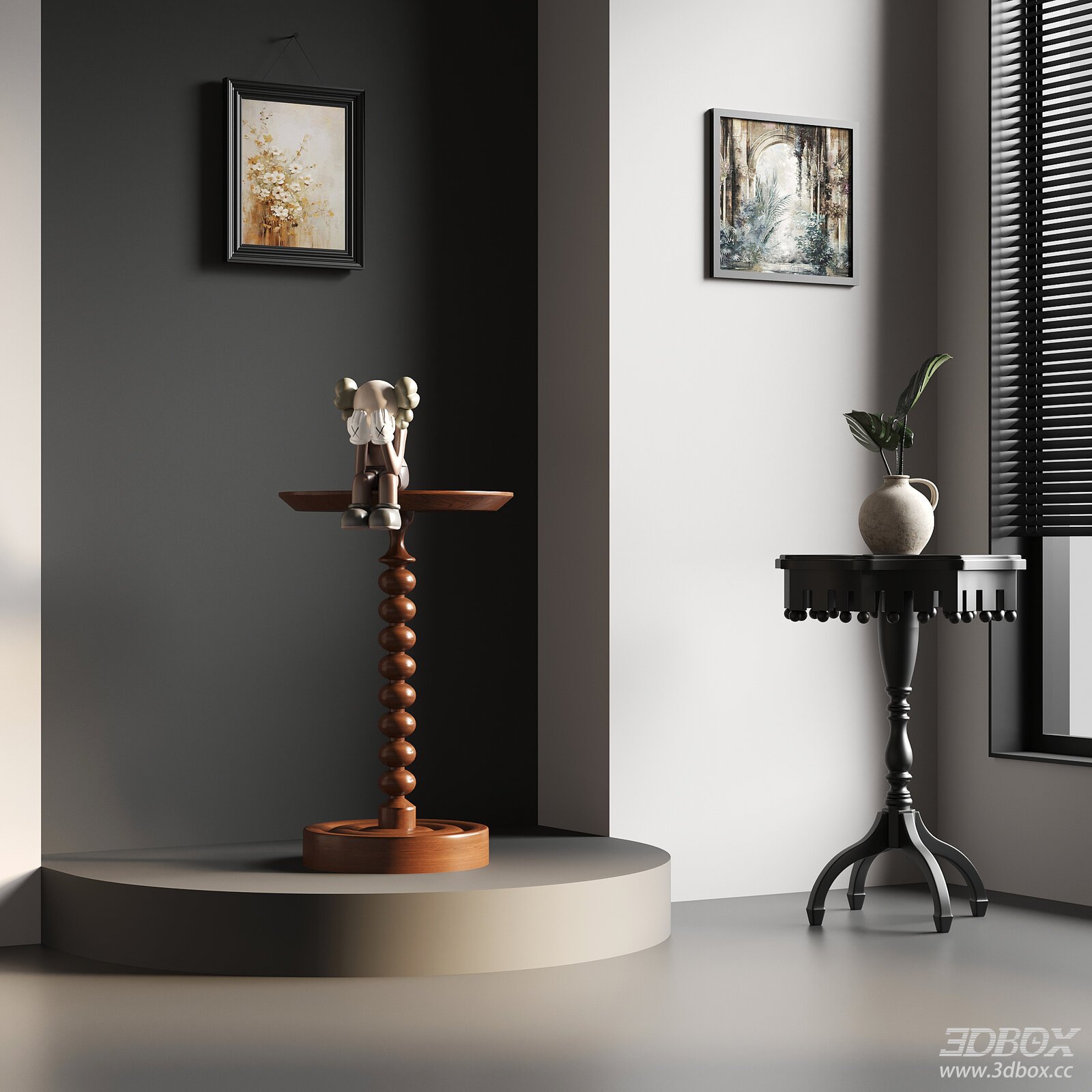 French Vintage Mid-century Side Table Set 3D model - front view