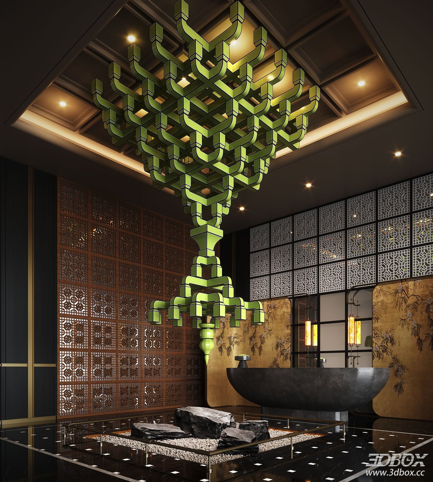 New Chinese Style Hotel Lobby With Dougong Decor Installation 3D model - front view