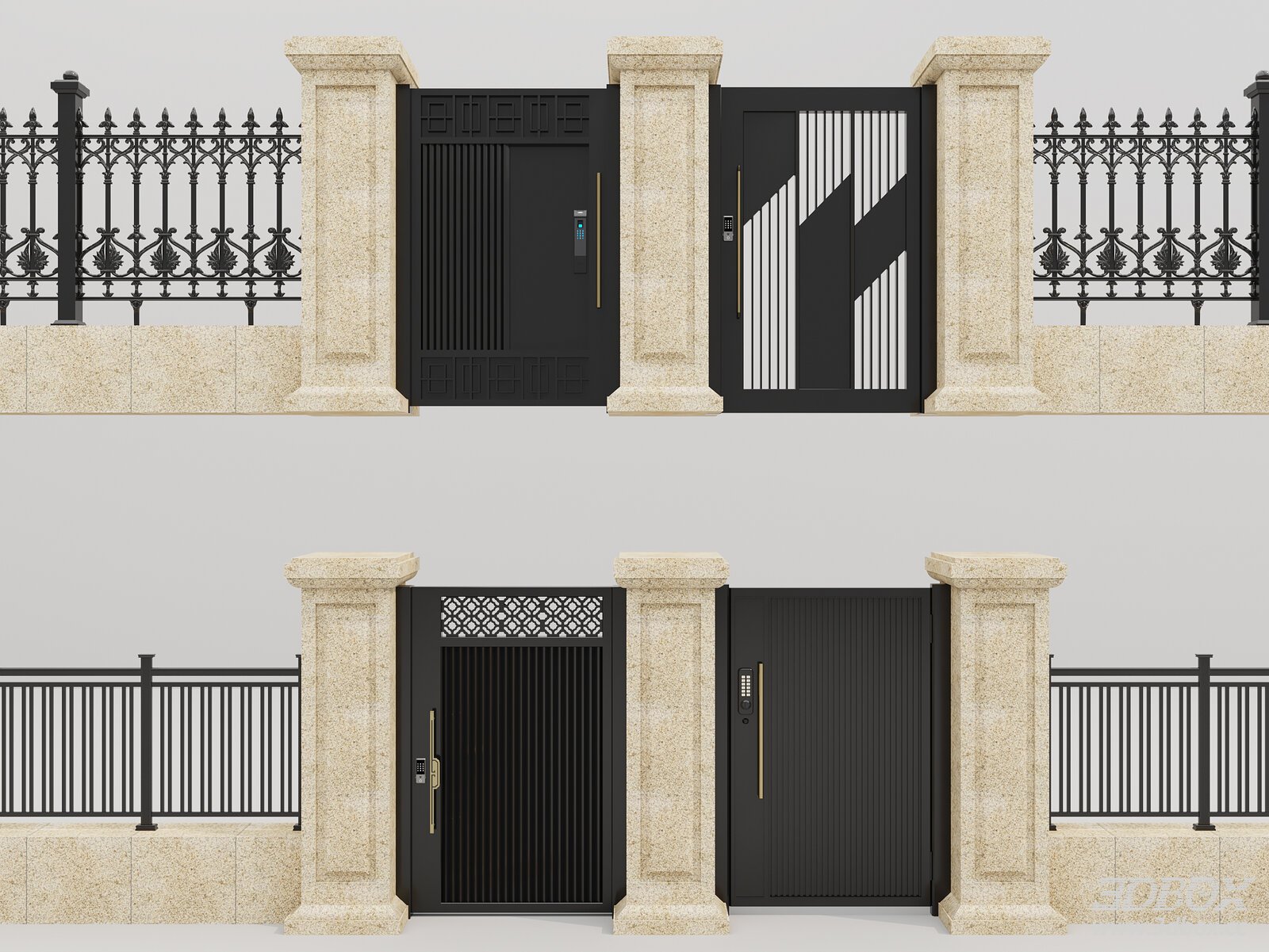 Modern Villa Entrance Gates with Stone Pillars and Fences 3D model - front view