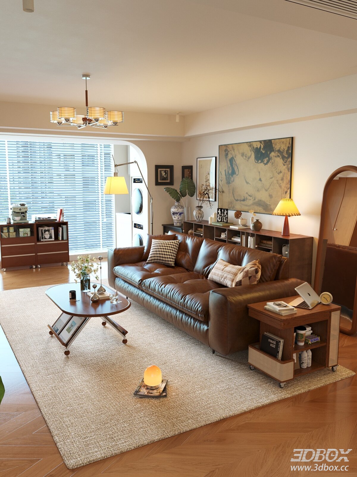 Mid-Century Modern Cozy Living Room with Leather Sofa 3D model - front view