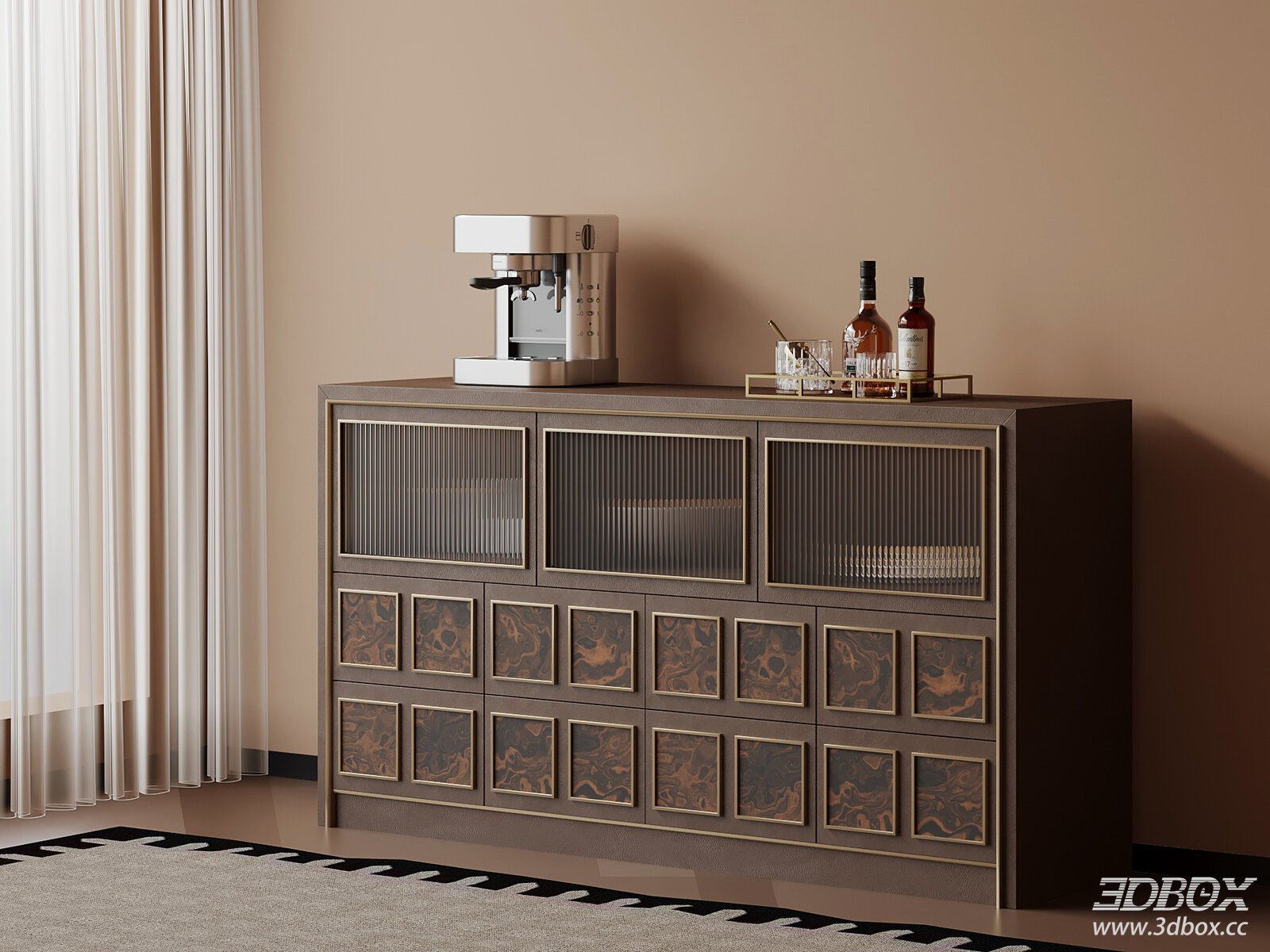 Mid-century Modern Sideboard with Glass Doors and Brass Trim 3D model - front view