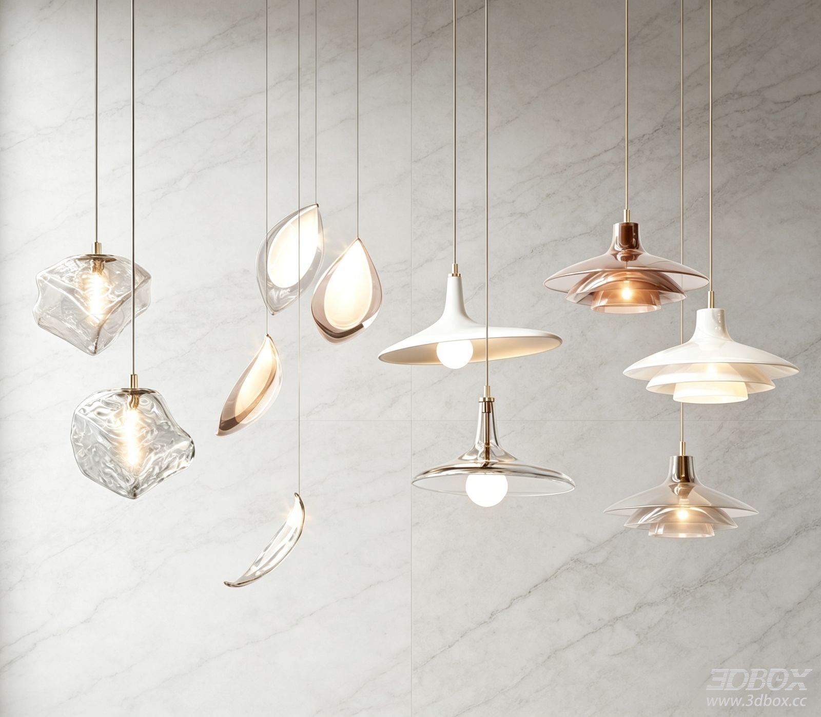 Modern Glass Metal Pendant Ceiling Lamp Set 3D model - front view
