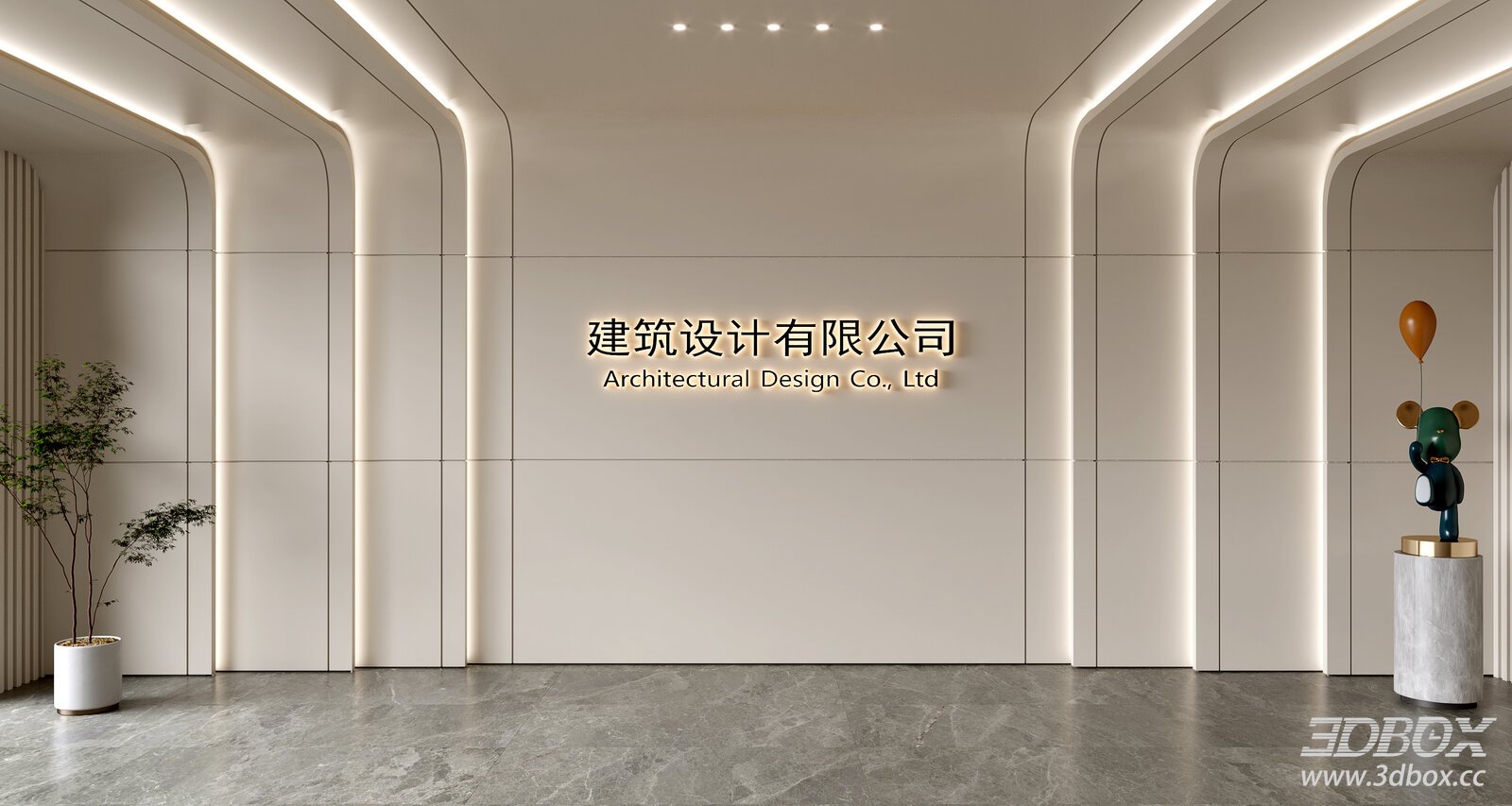 Modern Minimalist Office Reception Lobby Wall Scene 3D model - front view