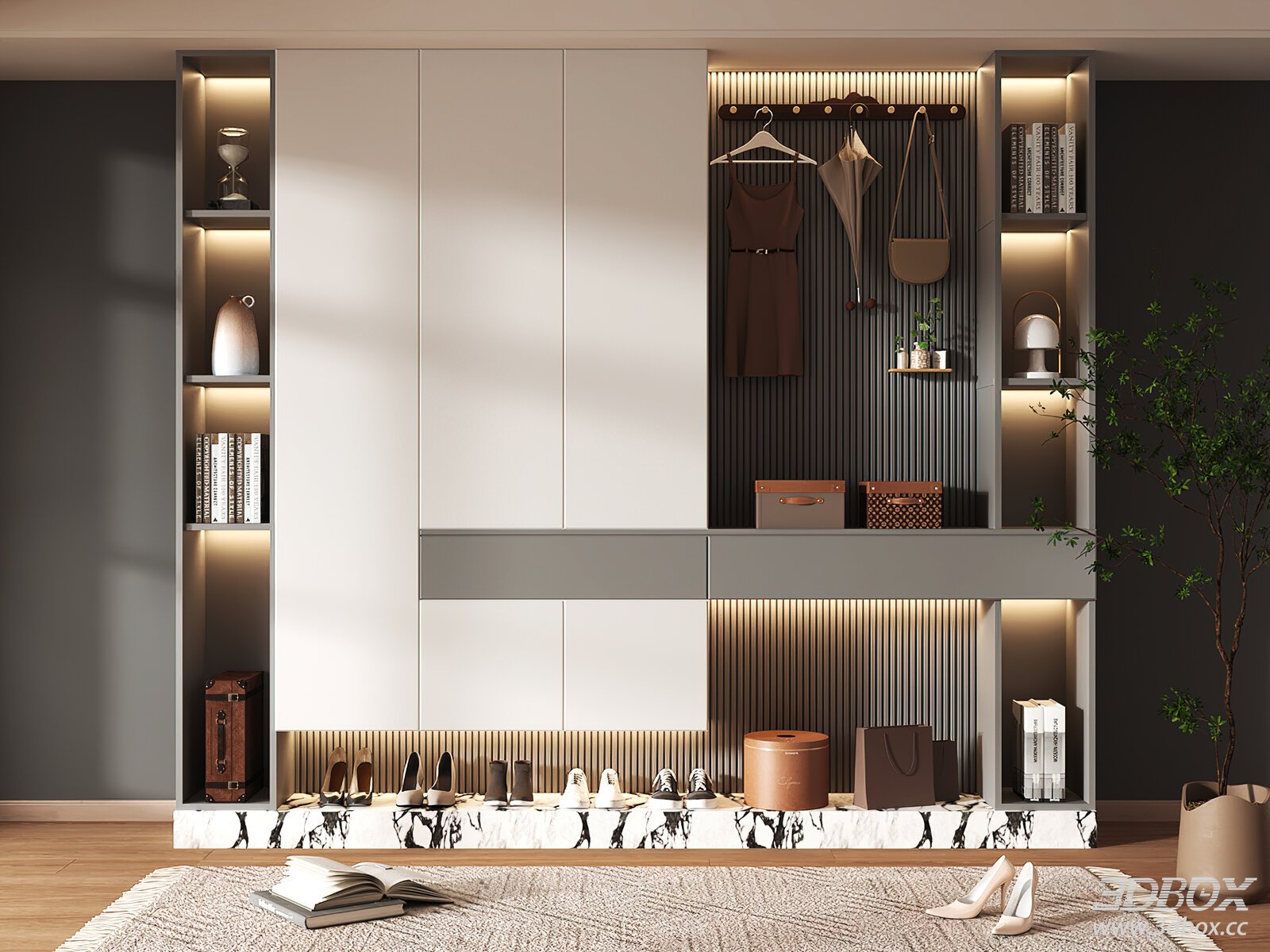 Modern Entryway Hallway Shoe Cabinet with Storage and Hanging Area 3D model - front view
