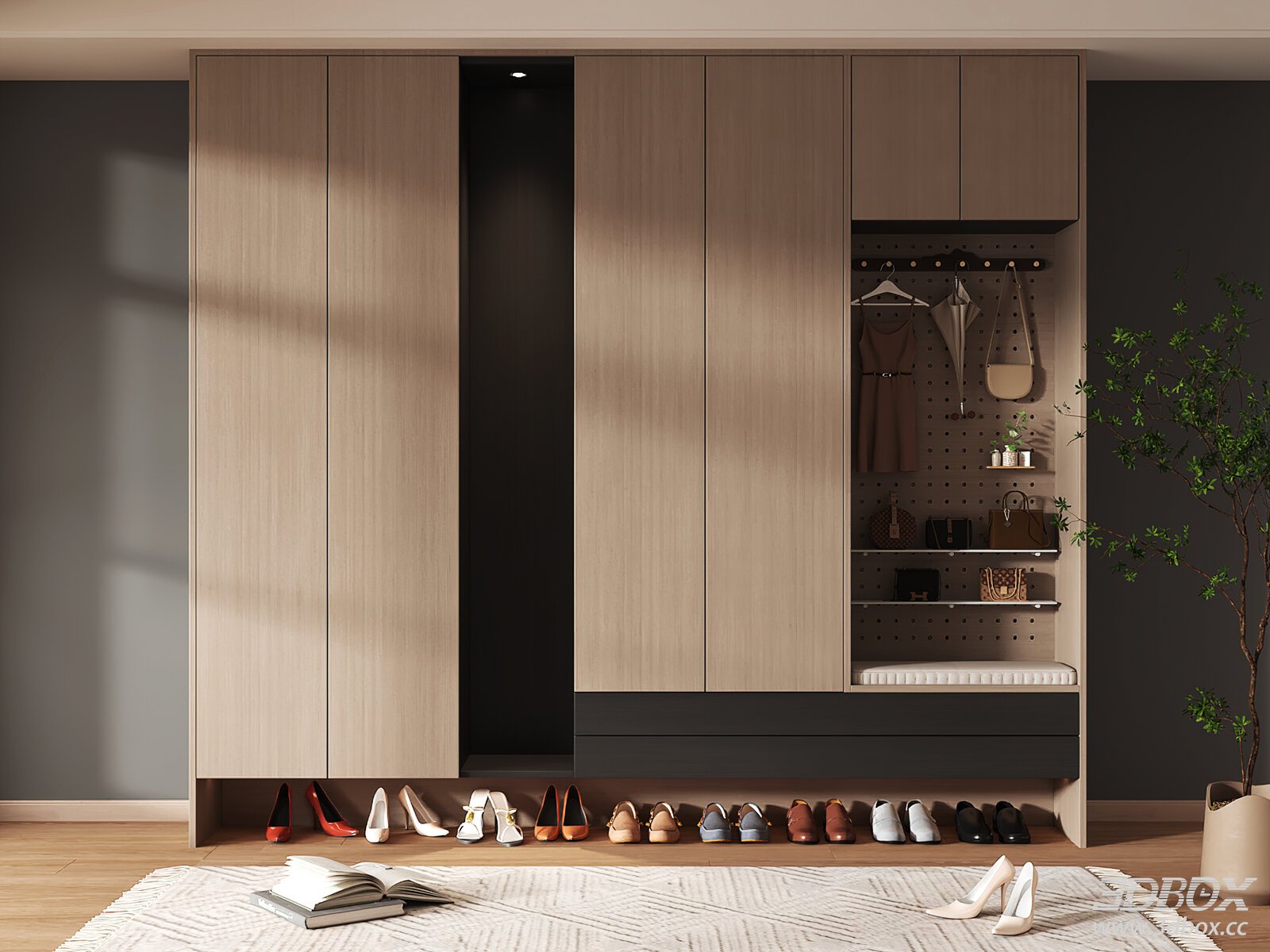 Modern Wooden Entryway Shoe Storage Cabinet 3D model - front view