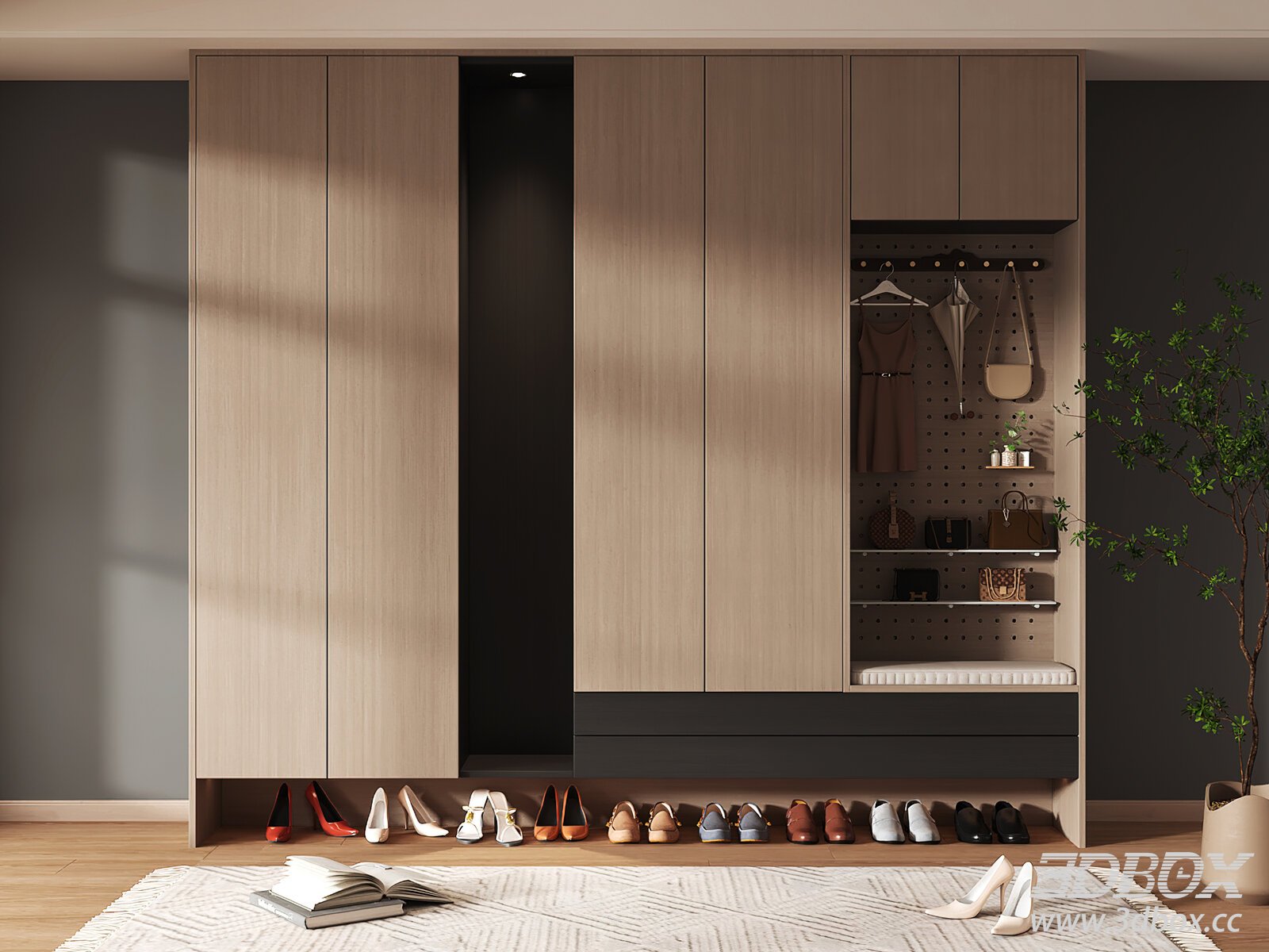 Modern Wooden Entryway Shoe Storage Cabinet 3D model - thumbnail 1