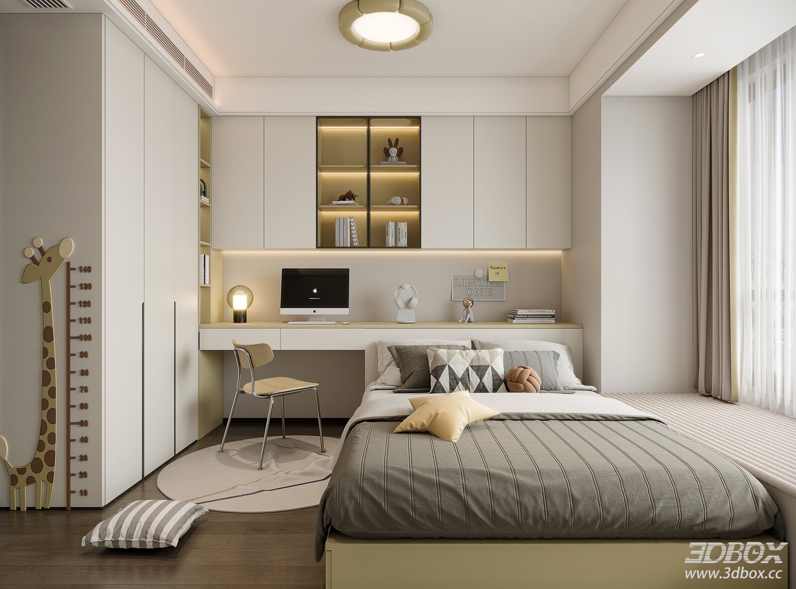 Cream Style Minimalist Bedroom with Tatami Bed and Study Nook 3D model - front view