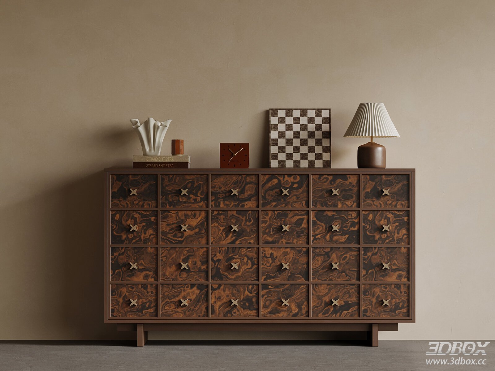 Mid-century Wooden Sideboard with Drawers and Decor 3D model - front view