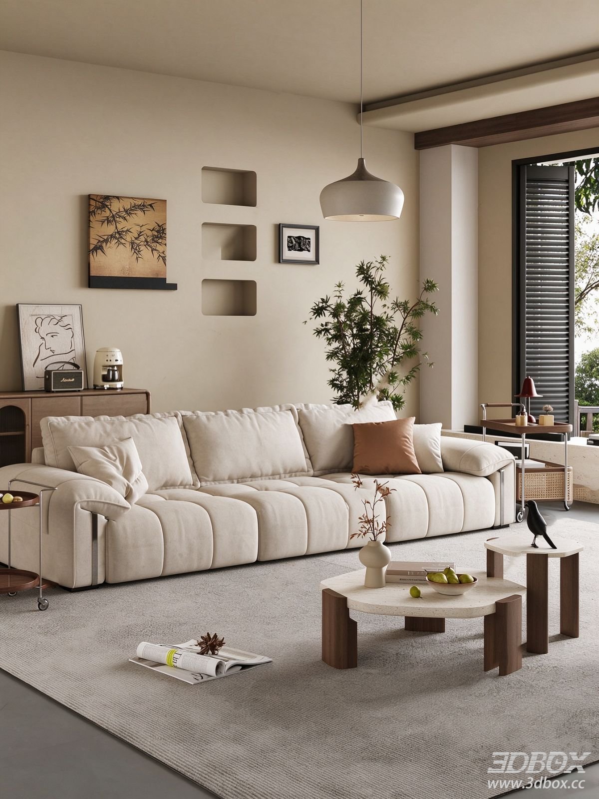 Modern Minimalist Beige Fabric Living Room Scene 3D model - front view