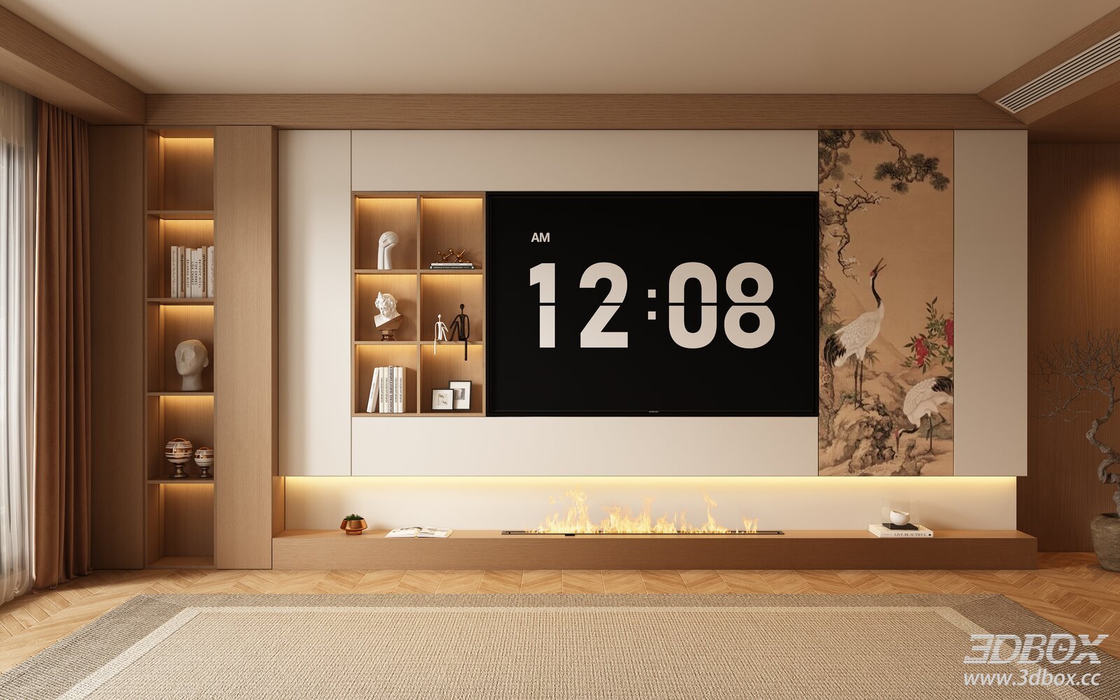 New Chinese Style TV Wall with Built-in Shelf and Fireplace 3D model - front view