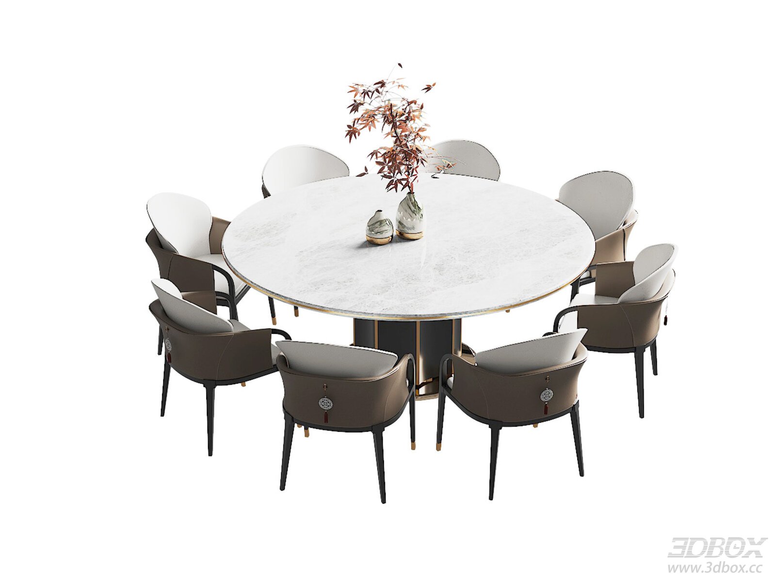 New Chinese Style Marble Round Dining Table and Chairs Set 3D model - front view