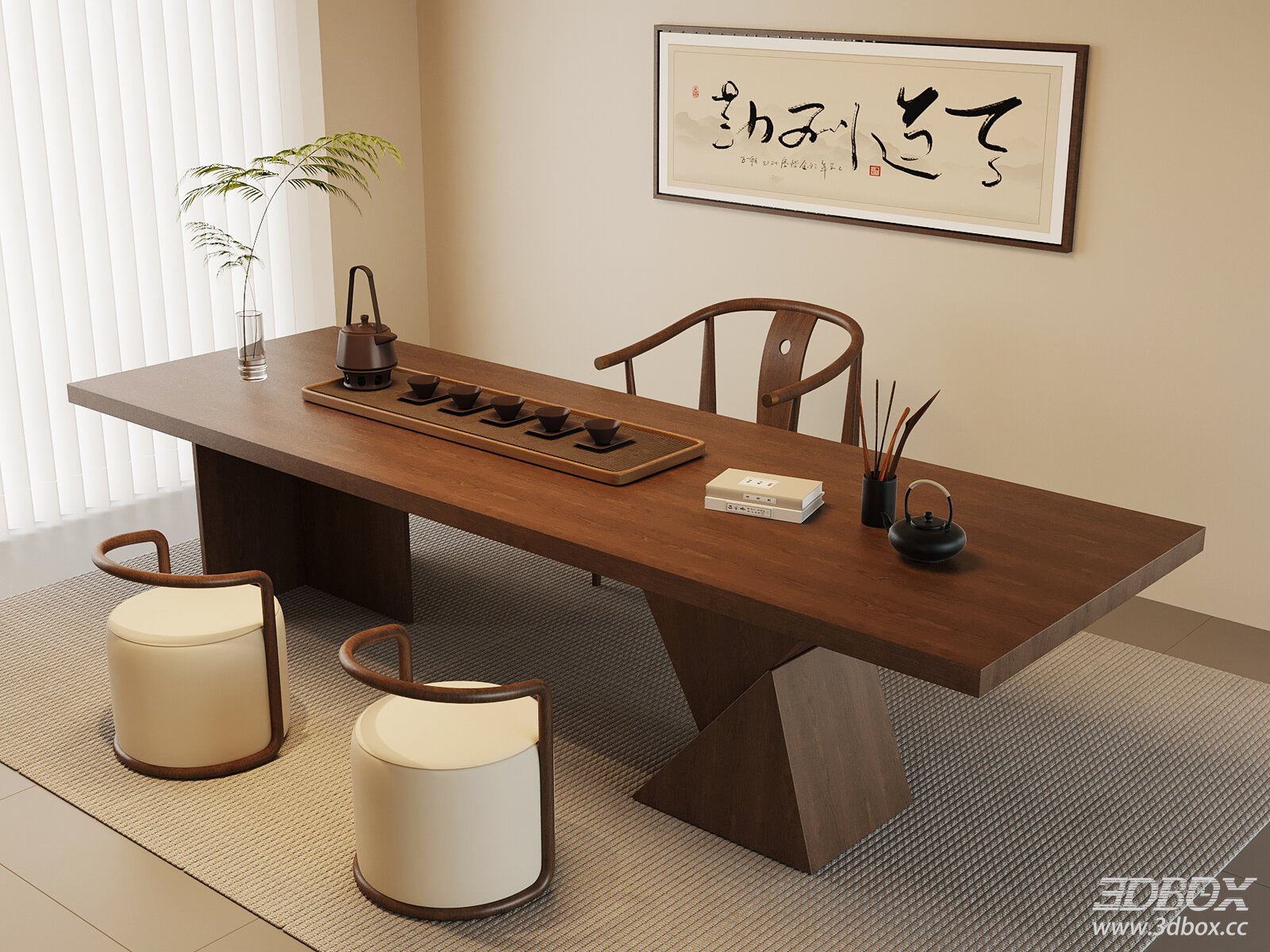 New Chinese Style Tea Room Furniture Set 3D model - front view