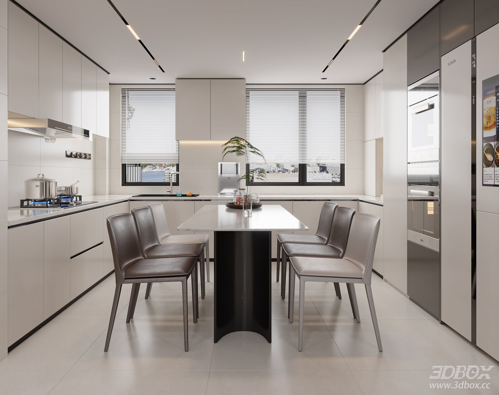 Modern Minimalist Kitchen and Dining Room Interior 3D model - front view