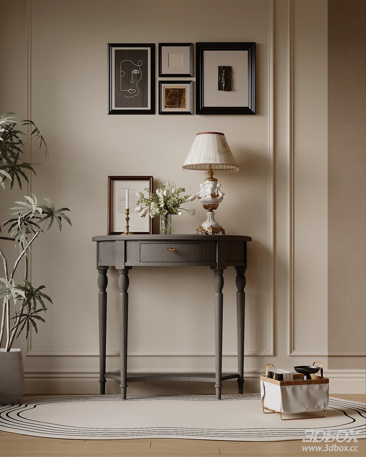 French Vintage Style Wooden Console Table Entryway 3D model - front view