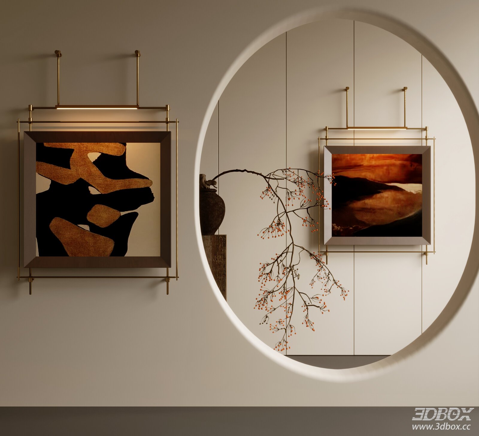 Vintage Framed Abstract Wall Art Set with Brass Wall Lamp 3D model - front view