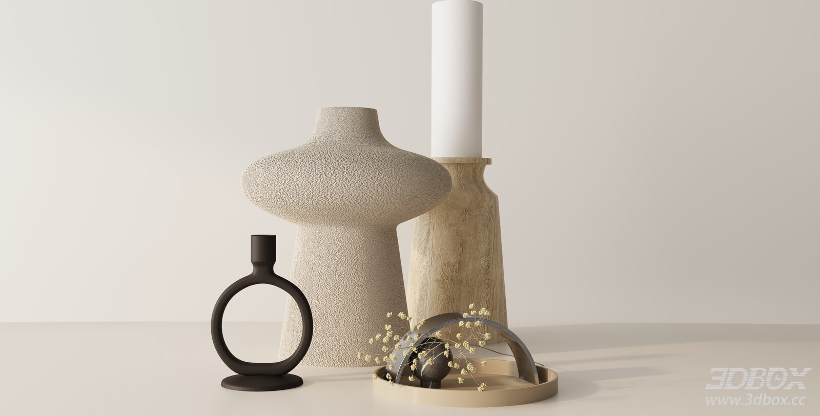 Modern Minimalist Decorative Set Vase Candle Holder Tray 3D model - front view