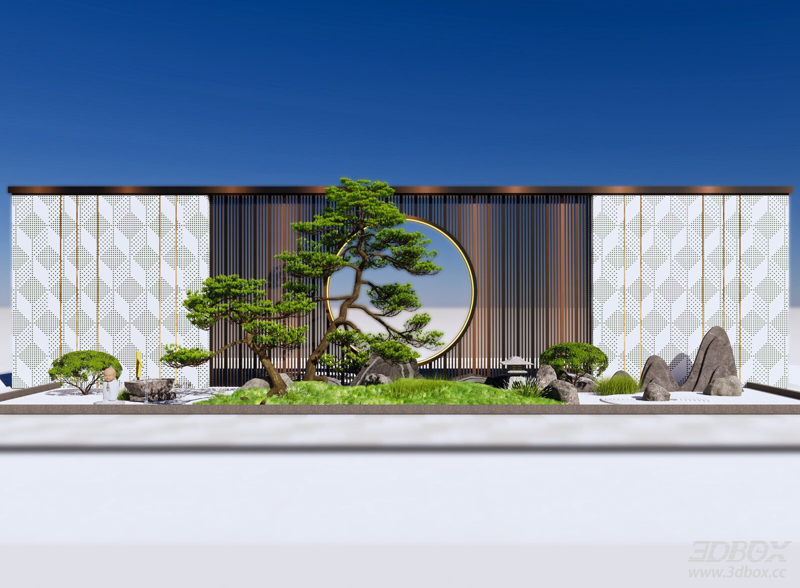 New Chinese Style Zen Landscape Wall Courtyard Scene 3D model - front view