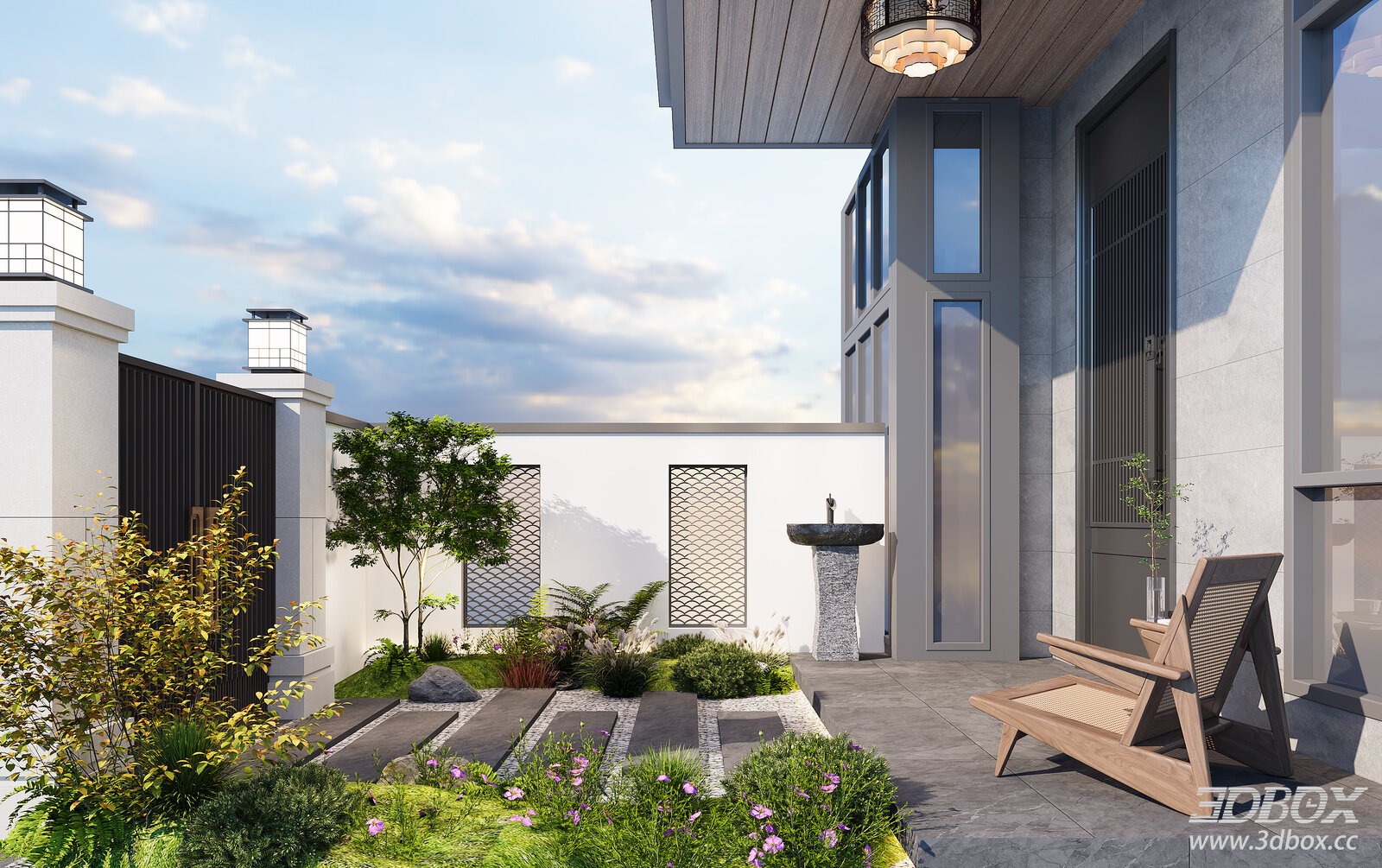 New Chinese Style Courtyard Garden Exterior Scene 3D model - front view