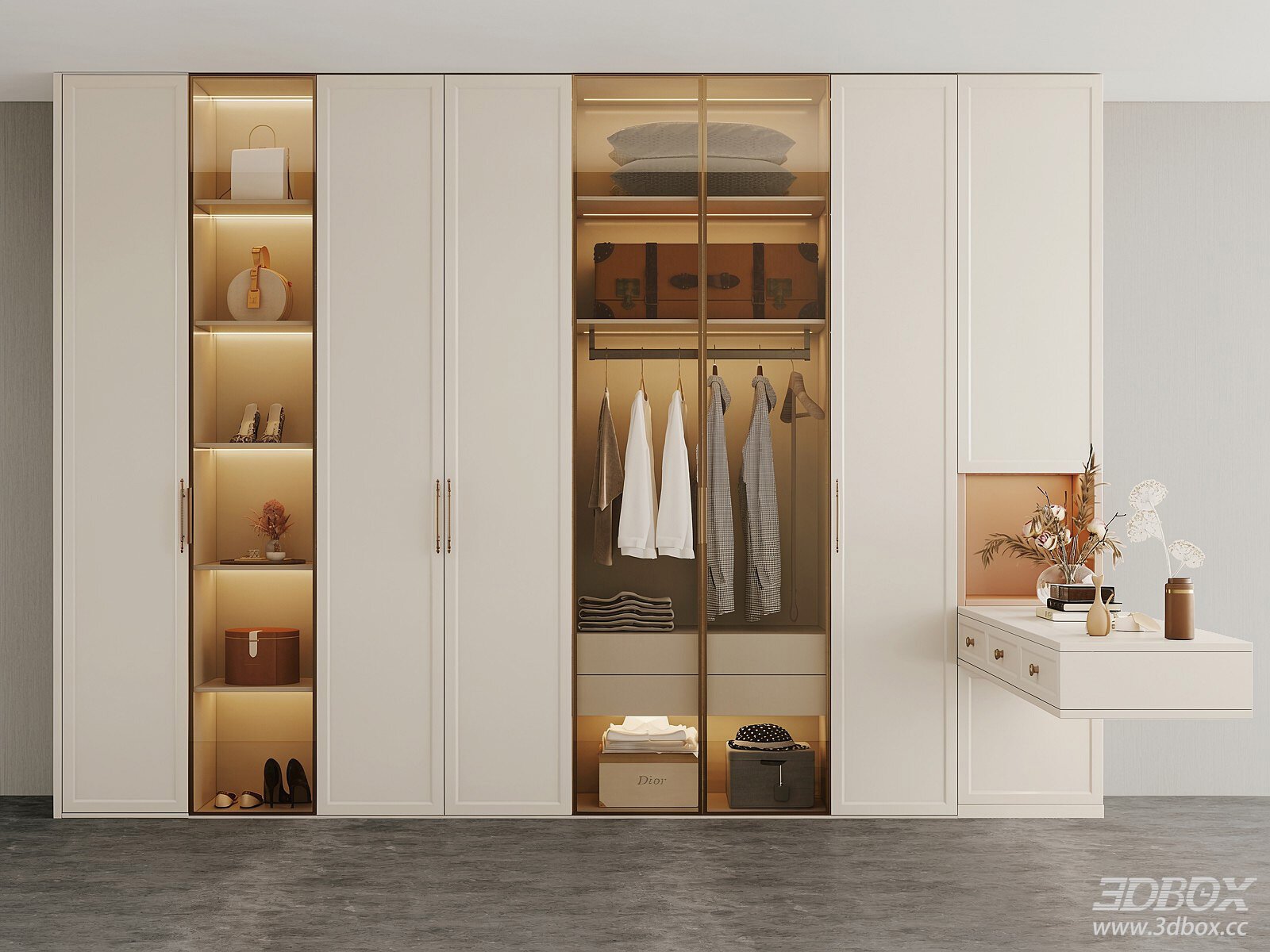 Modern White Wardrobe with Glass Door and Dressing Table 3D model - front view