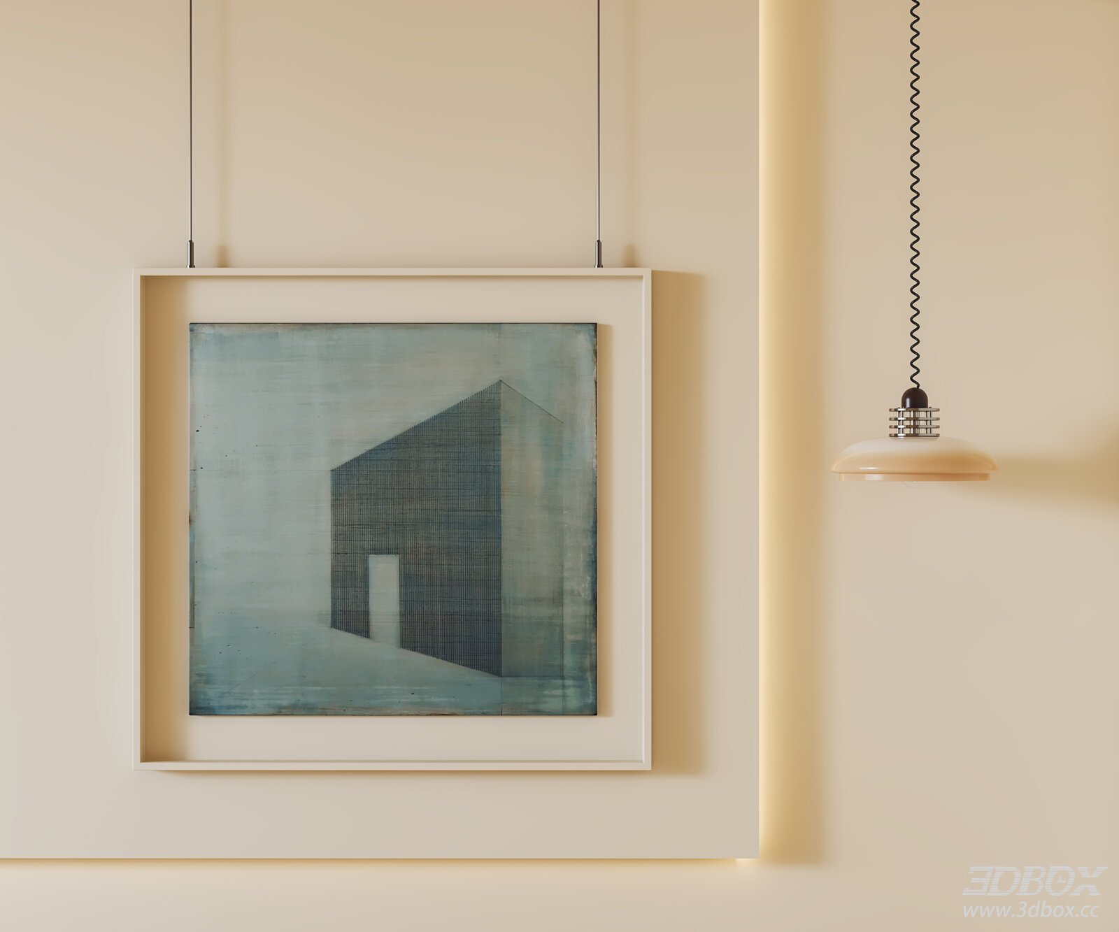 Modern Abstract Wall Art Frame with Pendant Lamp 3D model - front view