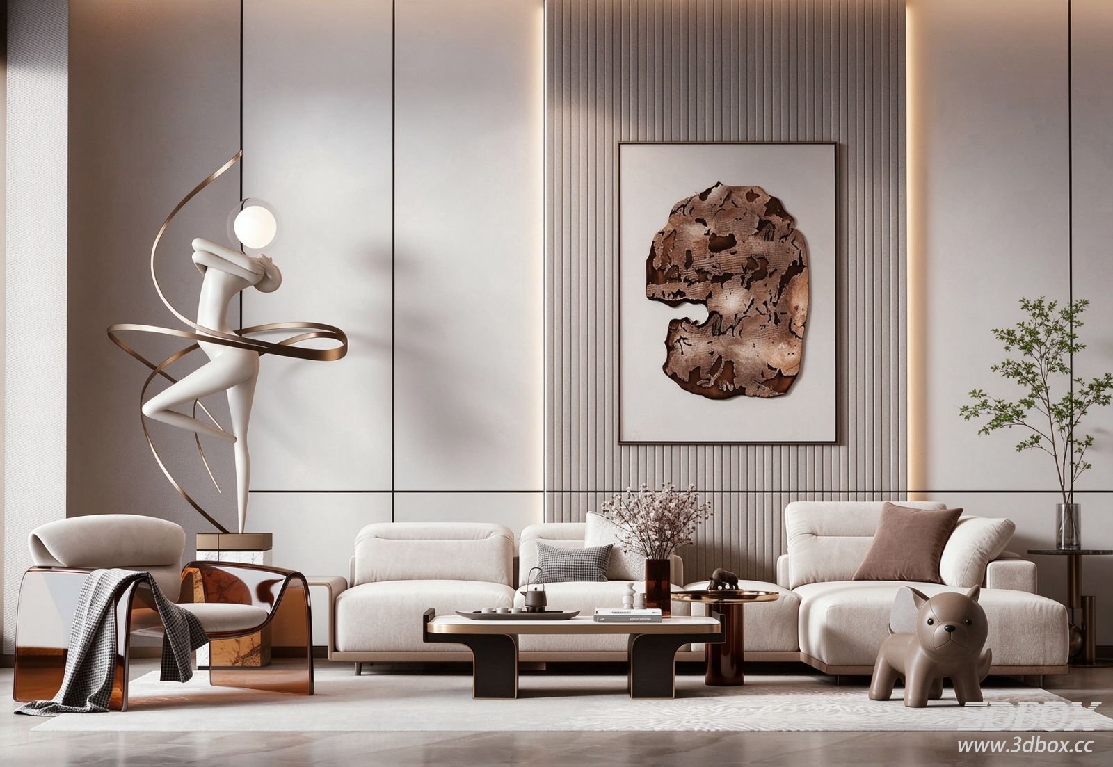 Modern Luxury Living Room with Sofa Set and Coffee Table 3D model - front view