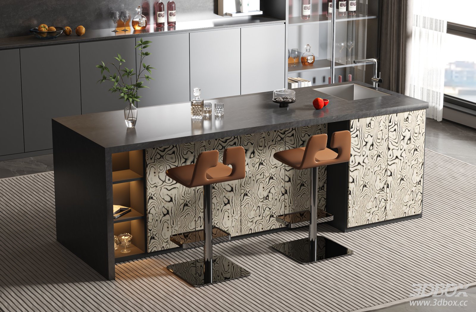 Modern Italian Style Kitchen Island Bar Counter with Stools 3D model - front view