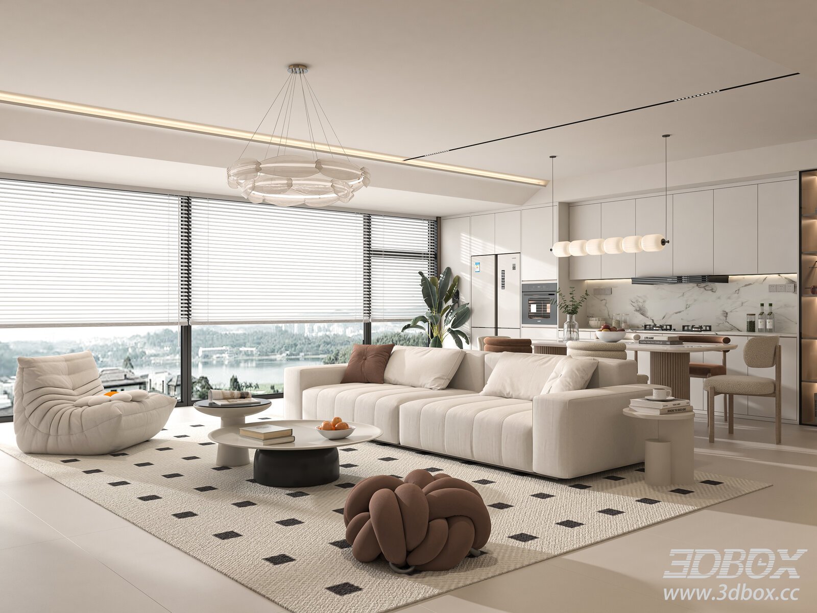 Dining Intrior Modern Cream Style Living and Dining Room Interior | 3Dbox