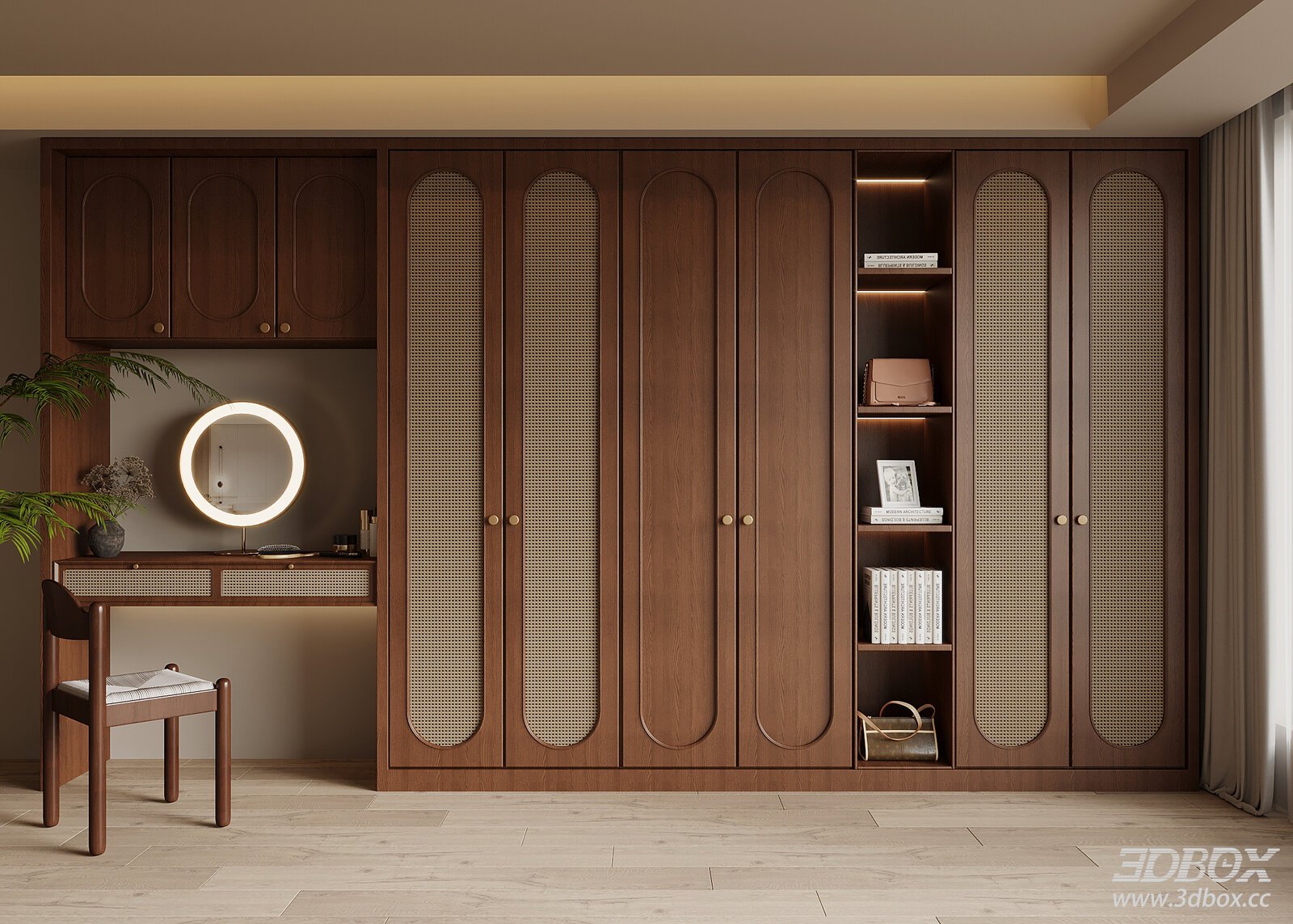 Mid Century Walnut Rattan Wardrobe with Dressing Table 3D model - front view